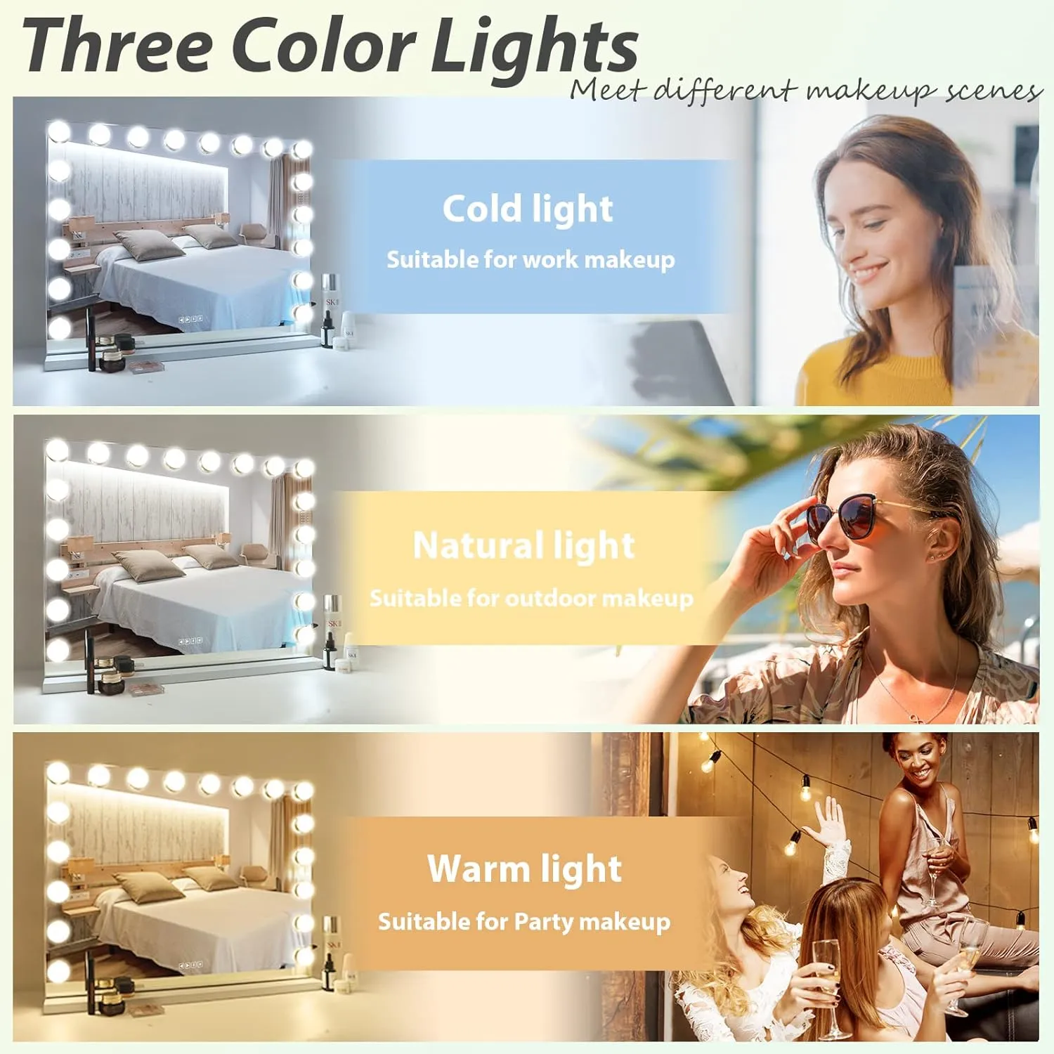 COOLJEEN Large Hollywood Vanity Mirror with Lights Bluetooth 18 Dimmable LED Bulbs, 3 Color Modes Lighted Makeup Mirror with USB Charging Port