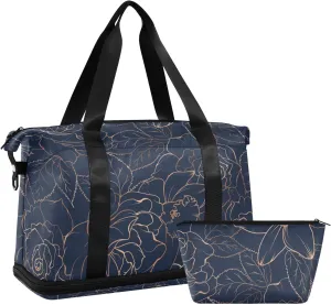 Copper-gold Shiny Outline Rose Peony Flowers Leaves on Navy Blue Gym Duffel Bag, Polyester Travel Weekender Luggage Handbag with Waterproof Pocket for Wet Items, Unisex Foldable Tote for Sports