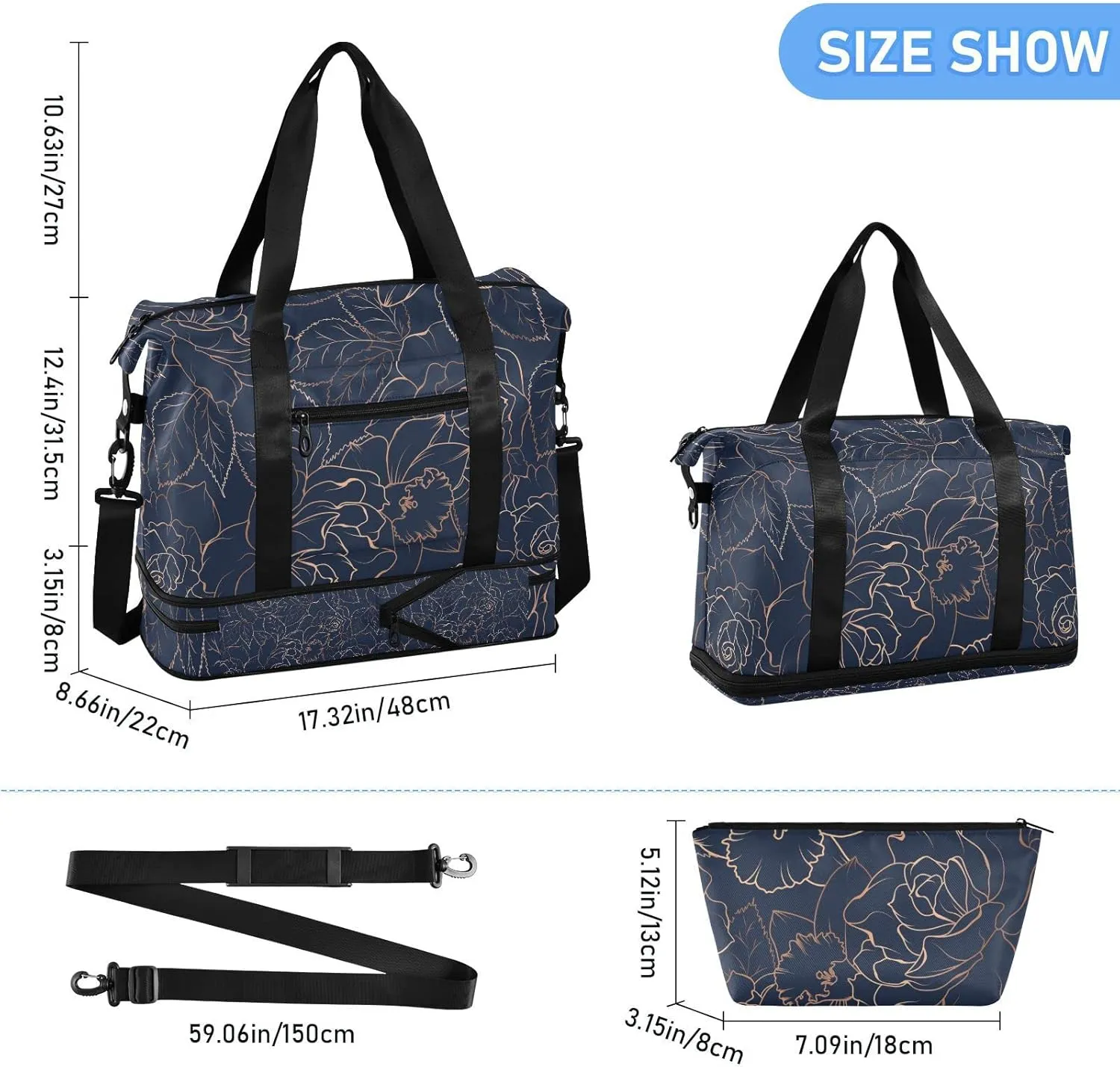 Copper-gold Shiny Outline Rose Peony Flowers Leaves on Navy Blue Gym Duffel Bag, Polyester Travel Weekender Luggage Handbag with Waterproof Pocket for Wet Items, Unisex Foldable Tote for Sports