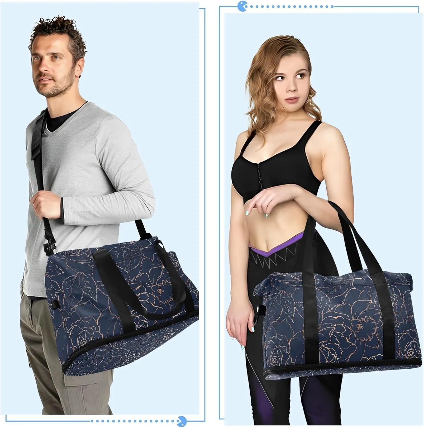 Copper-gold Shiny Outline Rose Peony Flowers Leaves on Navy Blue Gym Duffel Bag, Polyester Travel Weekender Luggage Handbag with Waterproof Pocket for Wet Items, Unisex Foldable Tote for Sports