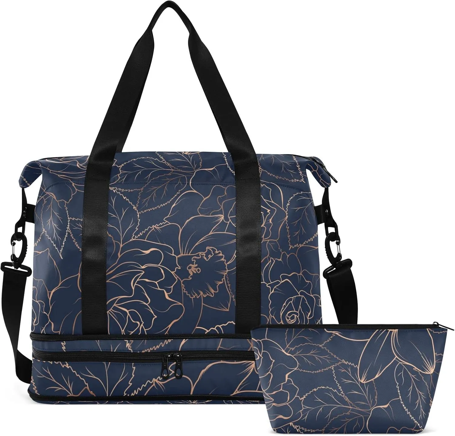 Copper-gold Shiny Outline Rose Peony Flowers Leaves on Navy Blue Gym Duffel Bag, Polyester Travel Weekender Luggage Handbag with Waterproof Pocket for Wet Items, Unisex Foldable Tote for Sports