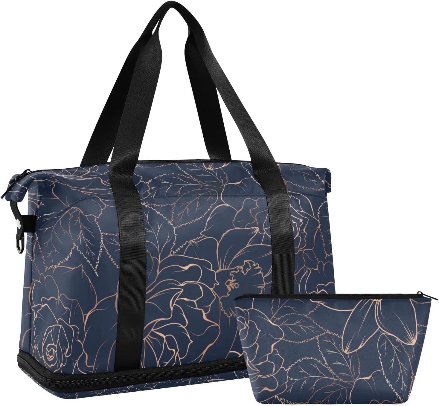 Copper-gold Shiny Outline Rose Peony Flowers Leaves on Navy Blue Gym Duffel Bag, Polyester Travel Weekender Luggage Handbag with Waterproof Pocket for Wet Items, Unisex Foldable Tote for Sports