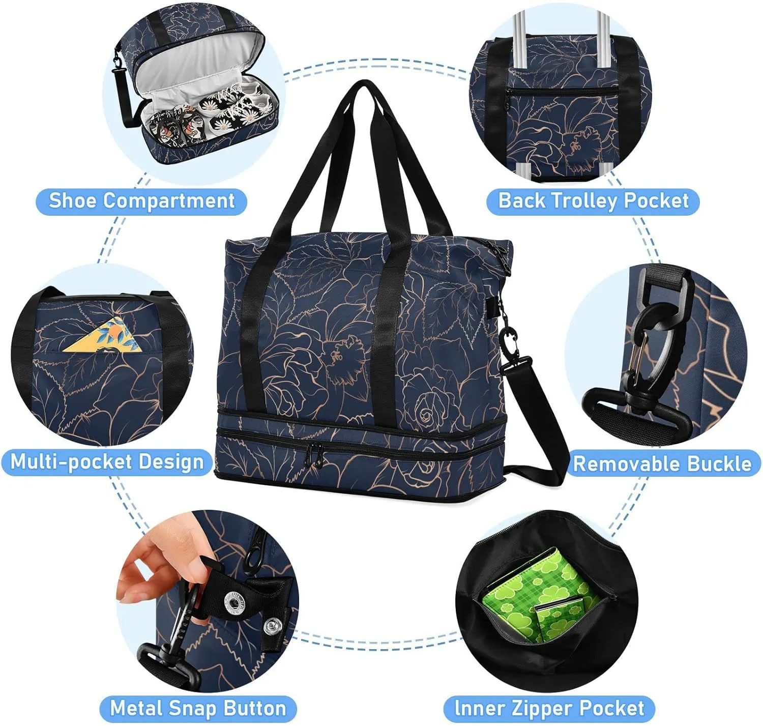 Copper-gold Shiny Outline Rose Peony Flowers Leaves on Navy Blue Gym Duffel Bag, Polyester Travel Weekender Luggage Handbag with Waterproof Pocket for Wet Items, Unisex Foldable Tote for Sports