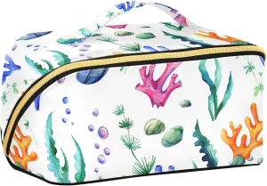 Corals Stones Sea Anemones and Seaweed Large Capacity Travel Cosmetic Bag Makeup Bag Open Flat Makeup Organizer with Handle and Divider Travel Toiletry Bags for Women Girls