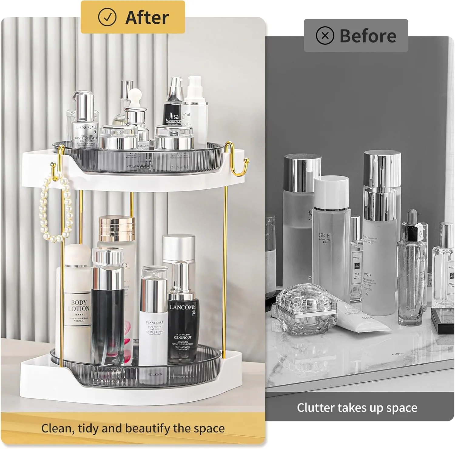 Corner Bathroom Counter Organizer, Bathroom Corner Shelf Rotating Countertop Tray Organizer for Skincare Perfume Makeup Vanity, Lazy Susan, Grey