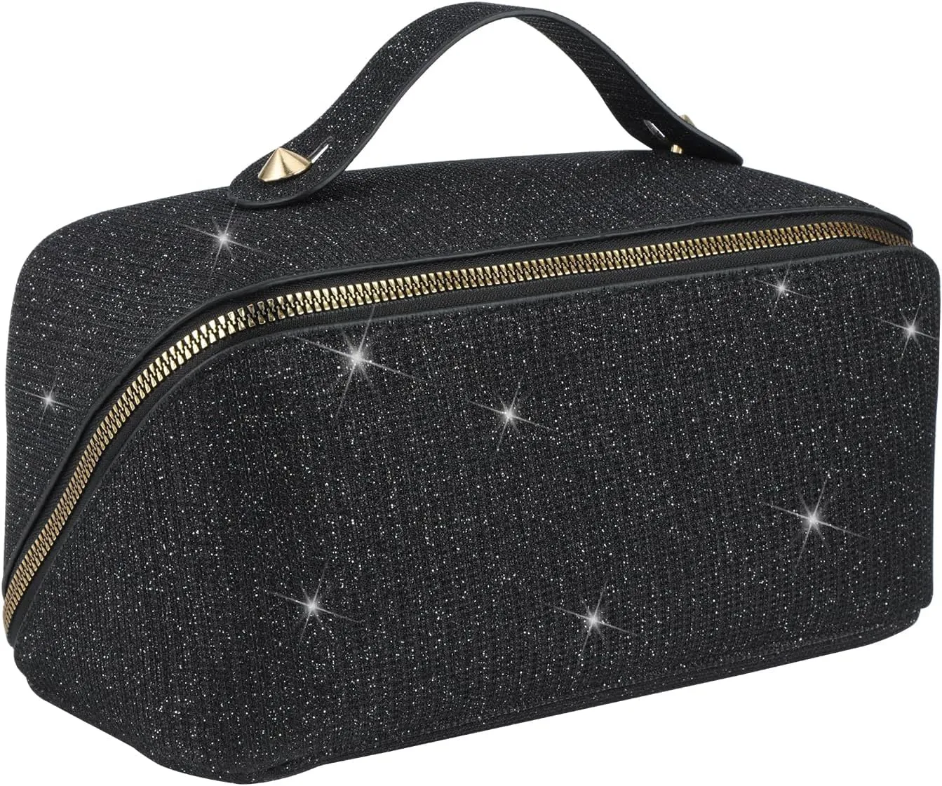 Cosmetic Bag Large Capacity Glitter Sequin Makeup Bag Portable Sparkly Shiny Travel Toiletry Bag with Handle and Divider for Women (Black)