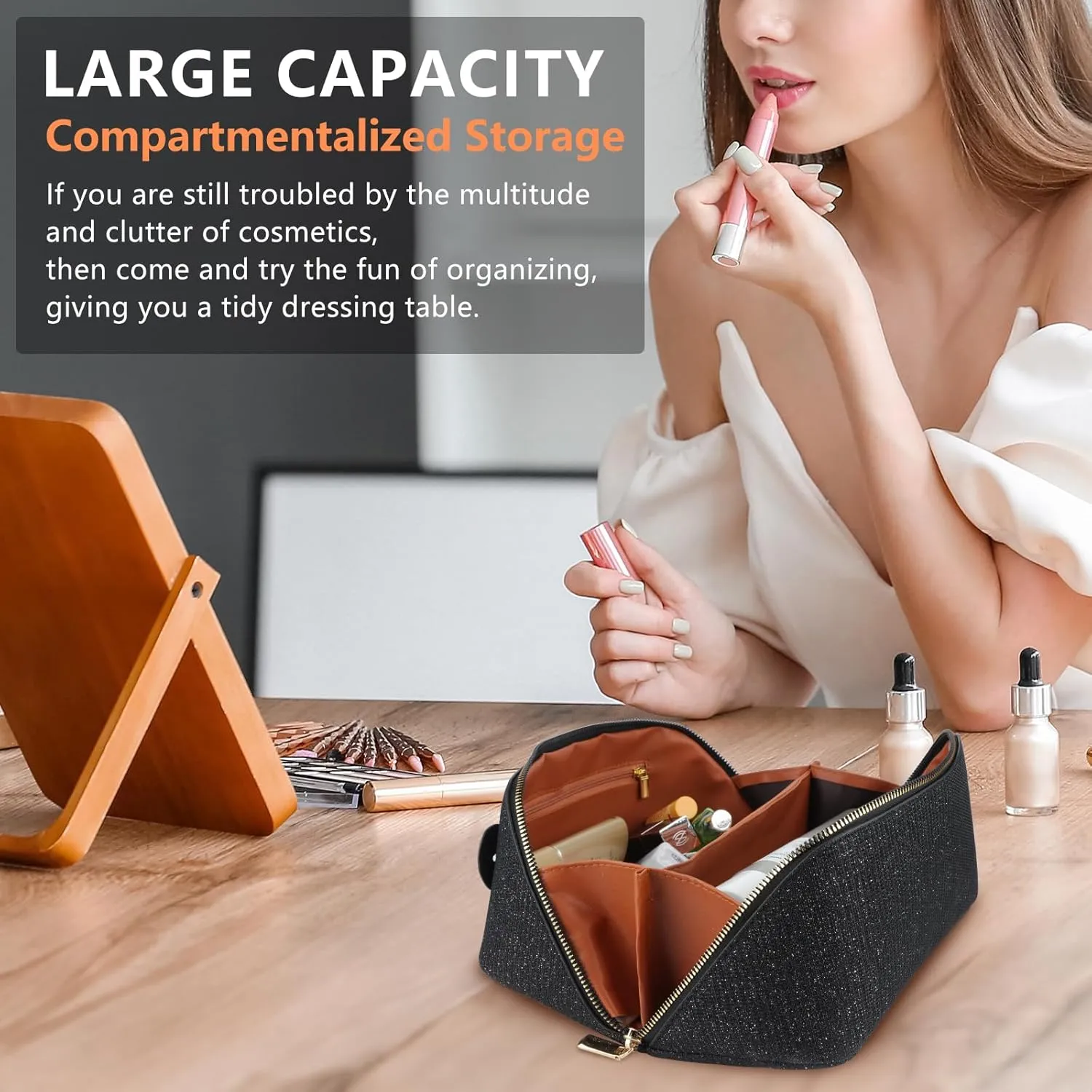 Cosmetic Bag Large Capacity Glitter Sequin Makeup Bag Portable Sparkly Shiny Travel Toiletry Bag with Handle and Divider for Women (Black)