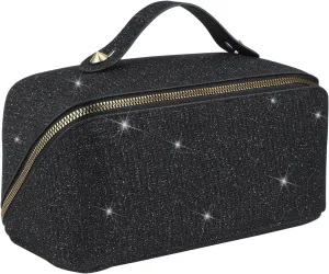 Cosmetic Bag Large Capacity Glitter Sequin Makeup Bag Portable Sparkly Shiny Travel Toiletry Bag with Handle and Divider for Women (Black)