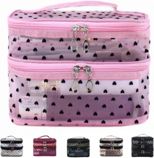 Cosmetic Bag Travel Makeup Bag Mesh Double Layer Large Makeup Pouch Travel Accessories Essentials Toiletry Bag for Women Makeup Travel Organizer (double-layer pink)