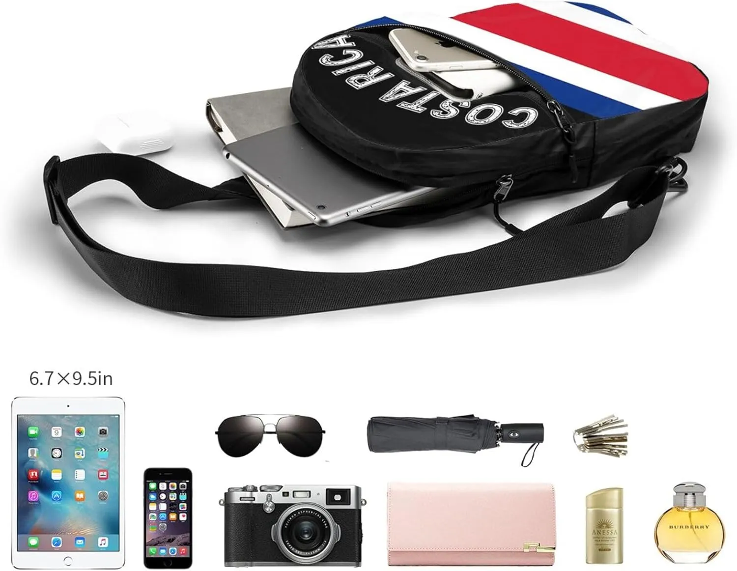 Costa Rican Flag Packable Crossbody Bag Portable Sling Bags Foldable Travel Daypack Reusable Sports Shoulder Backpack Diagonally Chest Bag for Workout