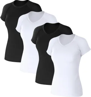 Coume 4 Pack Women's Compression Shirts Dry Athletic T Shirts Short Sleeve V Neck Fit Workout Tops Tight Running Yoga Tee