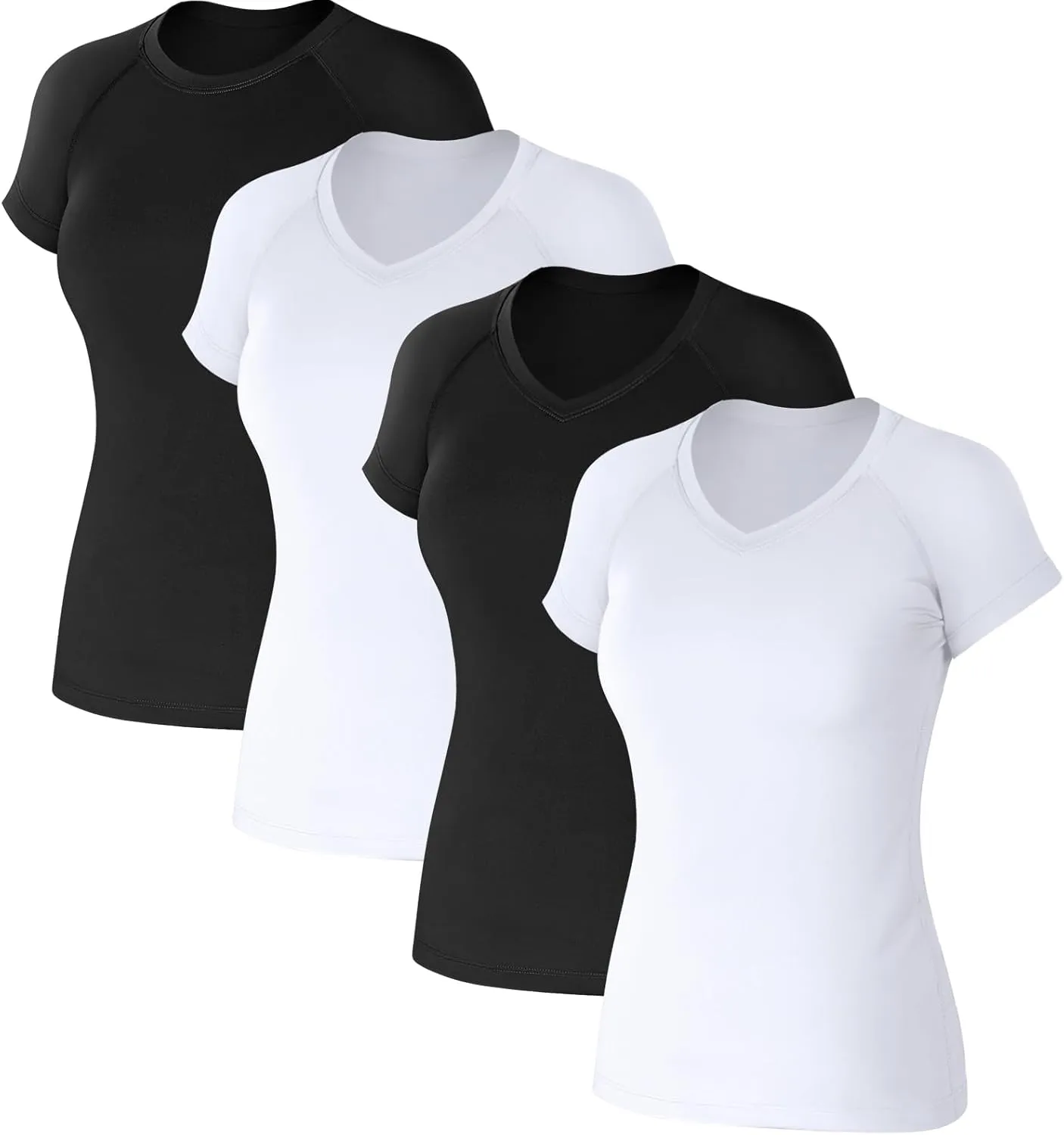 Coume 4 Pack Women's Compression Shirts Dry Athletic T Shirts Short Sleeve V Neck Fit Workout Tops Tight Running Yoga Tee