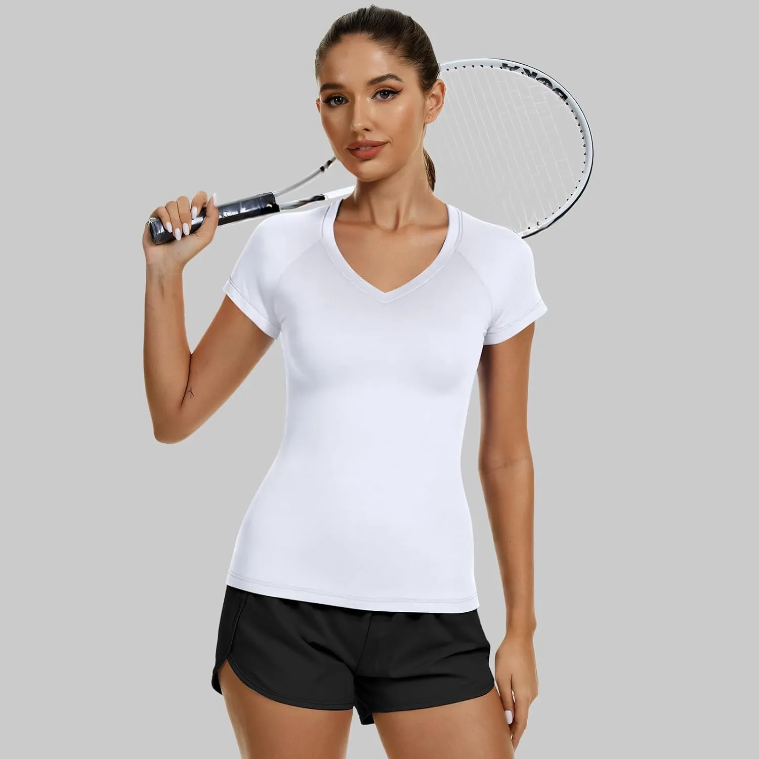 Coume 4 Pack Women's Compression Shirts Dry Athletic T Shirts Short Sleeve V Neck Fit Workout Tops Tight Running Yoga Tee