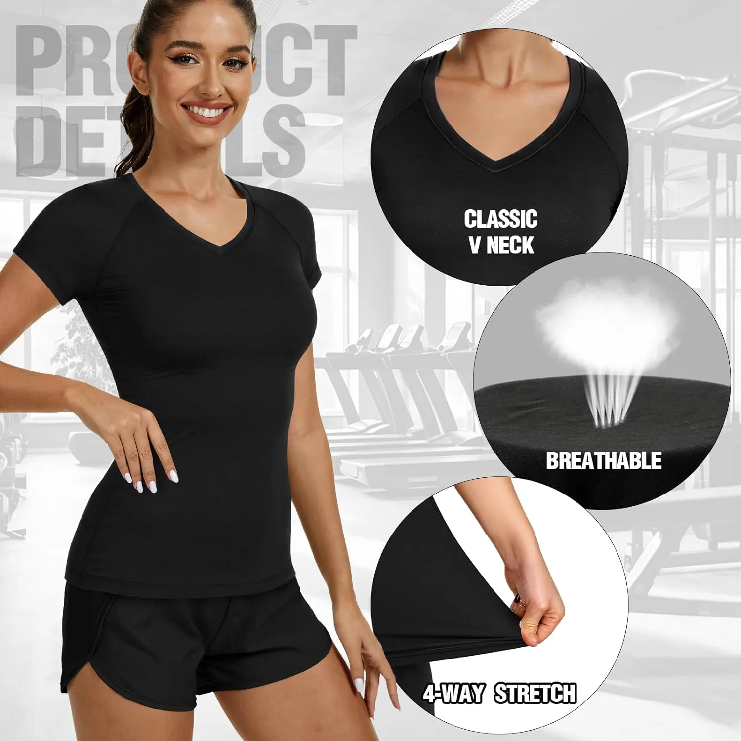 Coume 4 Pack Women's Compression Shirts Dry Athletic T Shirts Short Sleeve V Neck Fit Workout Tops Tight Running Yoga Tee