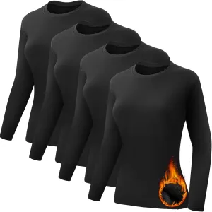 Coume 4 Pack Women's Thermal Shirts Fleece Lined Compression Crew Neck Long Sleeve Base Layer Tops Cold Weather