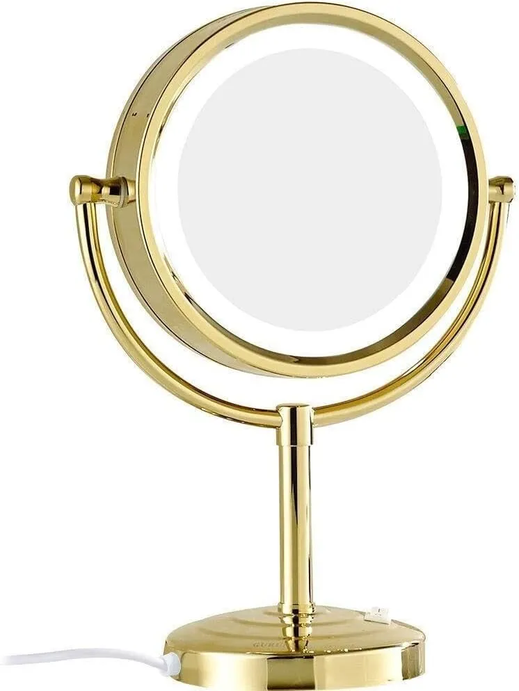 Countertop LED Makeup Mirrors,8.5 Inch Double Sided Lights Brass Adjustable Standing Cosmetic Magnifying Lighted with Plug,Chrome,5X(Color:Black,Size:10X)