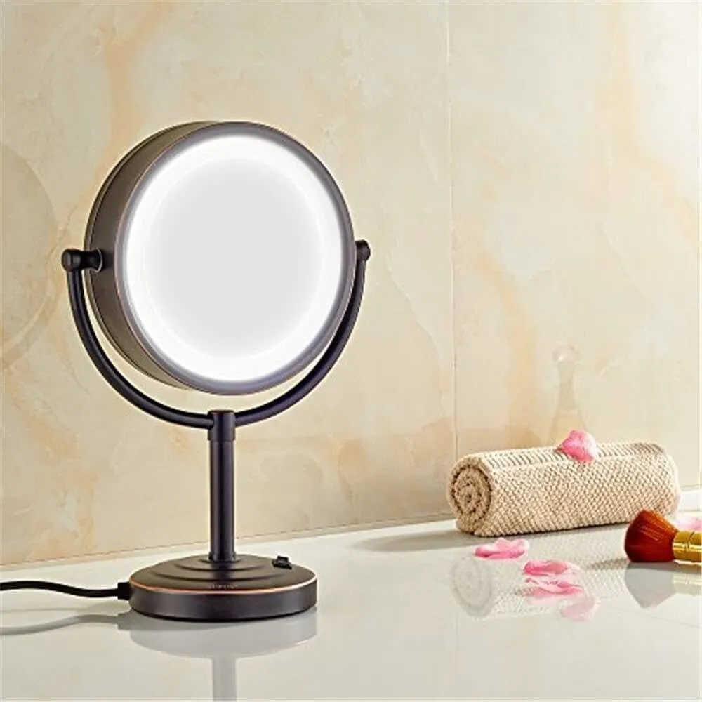 Countertop LED Makeup Mirrors,8.5 Inch Double Sided Lights Brass Adjustable Standing Cosmetic Magnifying Lighted with Plug,Chrome,5X(Color:Black,Size:10X)
