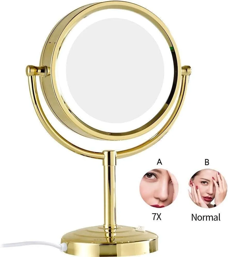 Countertop LED Makeup Mirrors,8.5 Inch Double Sided Lights Brass Adjustable Standing Cosmetic Magnifying Lighted with Plug,Chrome,5X(Color:Black,Size:10X)
