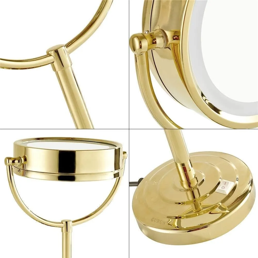 Countertop LED Makeup Mirrors,8.5 Inch Double Sided Lights Brass Adjustable Standing Cosmetic Magnifying Lighted with Plug,Chrome,5X(Color:Black,Size:10X)