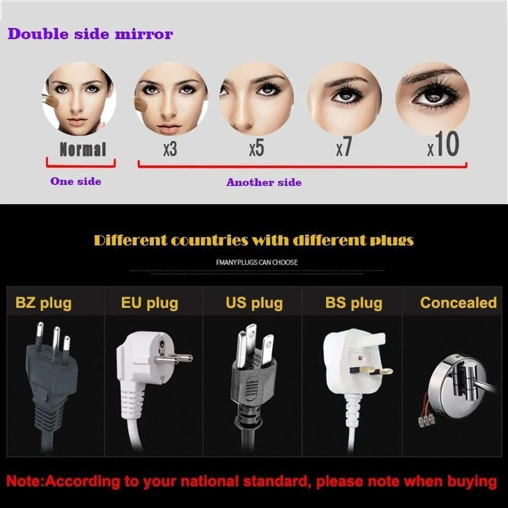 Countertop LED Makeup Mirrors,8.5 Inch Double Sided Lights Brass Adjustable Standing Cosmetic Magnifying Lighted with Plug,Chrome,5X(Color:Black,Size:10X)