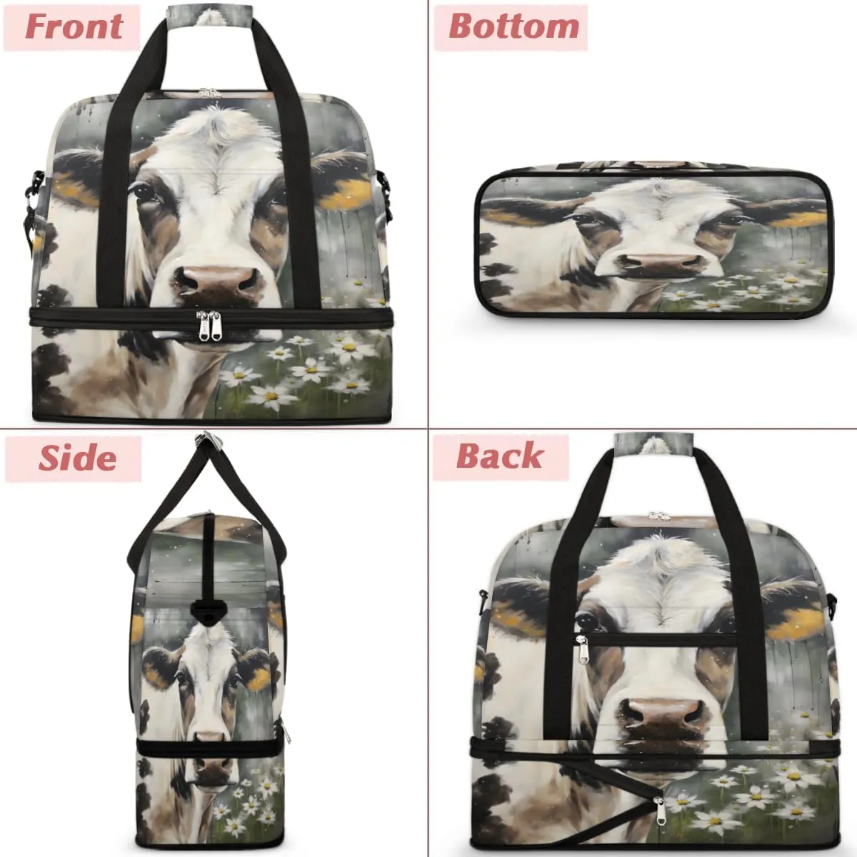 Cow Foldable Duffle Bag with Shoes Compartment Large Capacity Waterproof Travel Weekender Bag Overnight Bag for Sports Gym