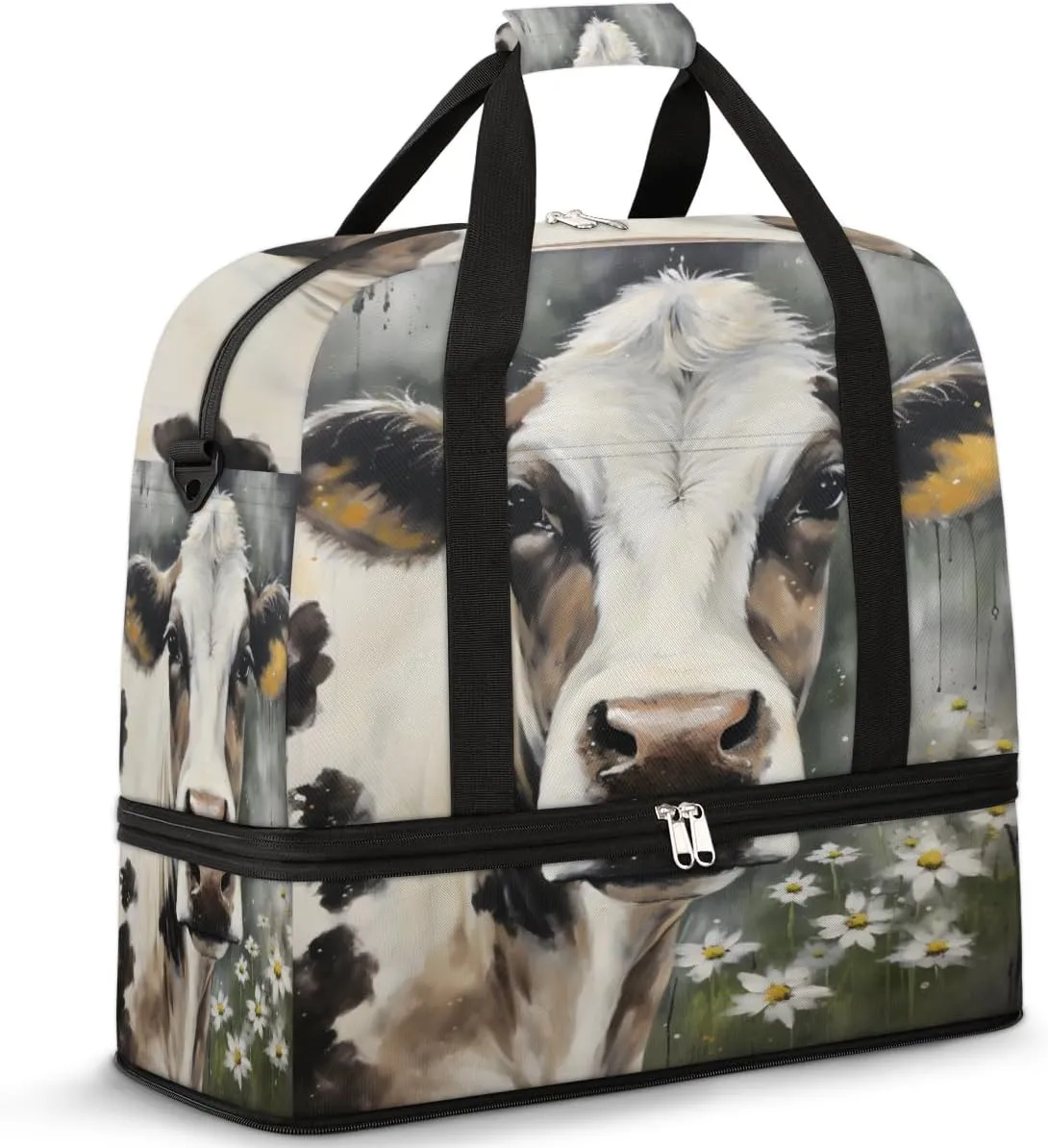 Cow Foldable Duffle Bag with Shoes Compartment Large Capacity Waterproof Travel Weekender Bag Overnight Bag for Sports Gym