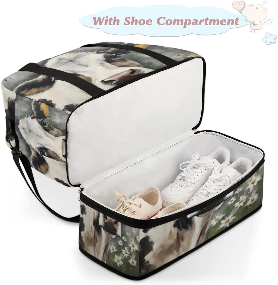 Cow Foldable Duffle Bag with Shoes Compartment Large Capacity Waterproof Travel Weekender Bag Overnight Bag for Sports Gym