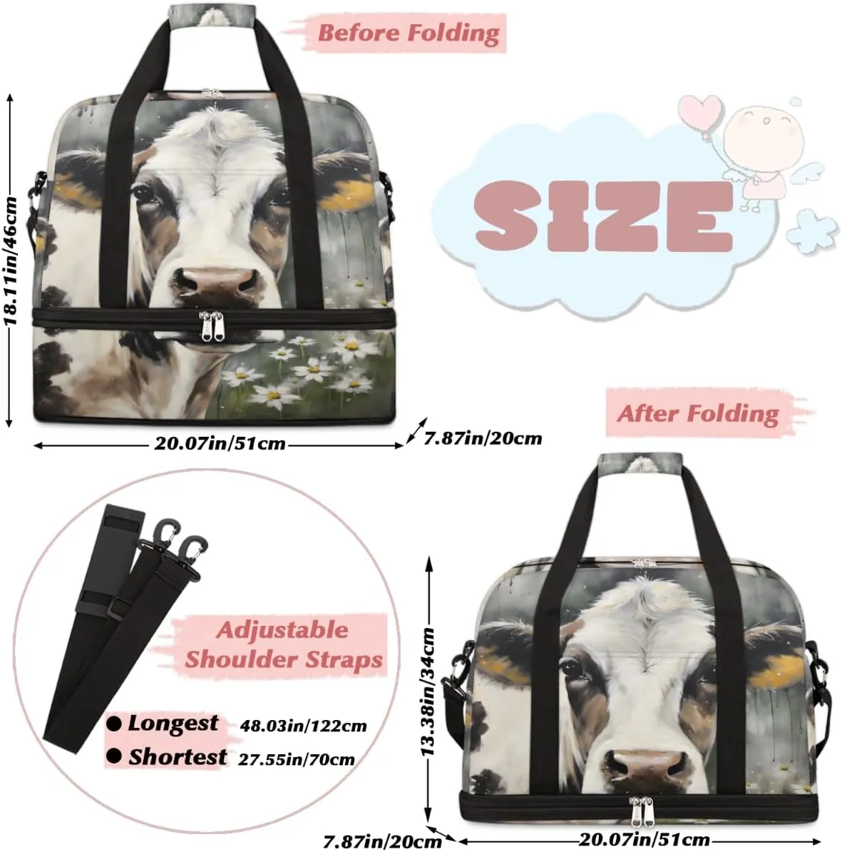 Cow Foldable Duffle Bag with Shoes Compartment Large Capacity Waterproof Travel Weekender Bag Overnight Bag for Sports Gym