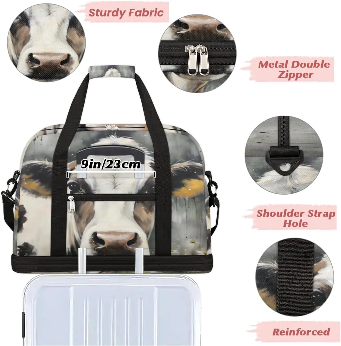 Cow Foldable Duffle Bag with Shoes Compartment Large Capacity Waterproof Travel Weekender Bag Overnight Bag for Sports Gym