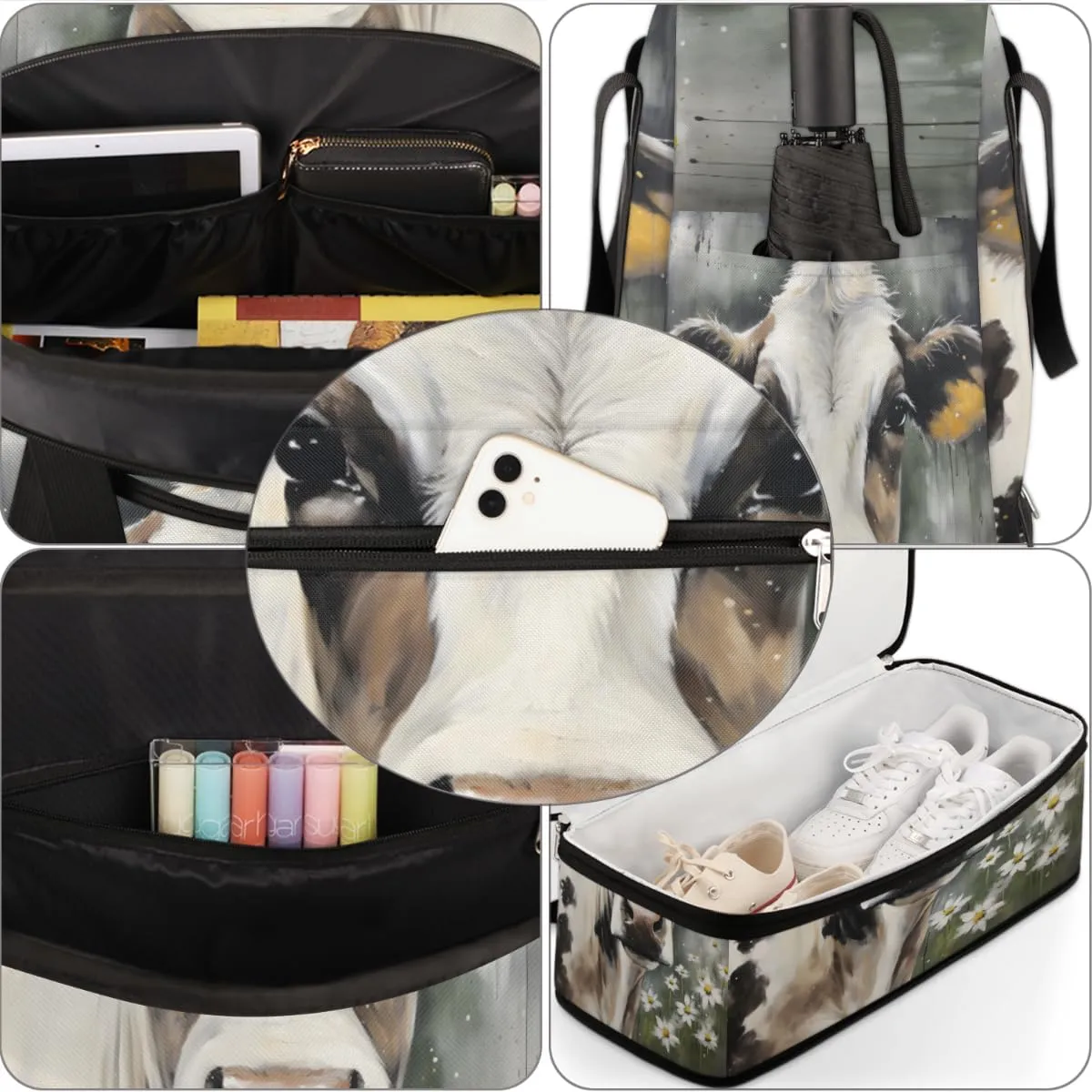 Cow Foldable Duffle Bag with Shoes Compartment Large Capacity Waterproof Travel Weekender Bag Overnight Bag for Sports Gym