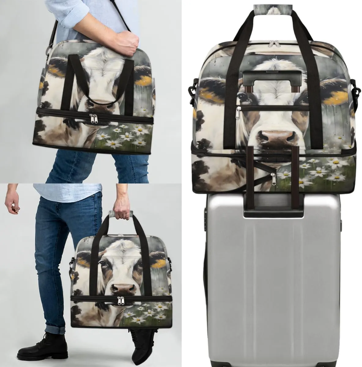 Cow Foldable Duffle Bag with Shoes Compartment Large Capacity Waterproof Travel Weekender Bag Overnight Bag for Sports Gym