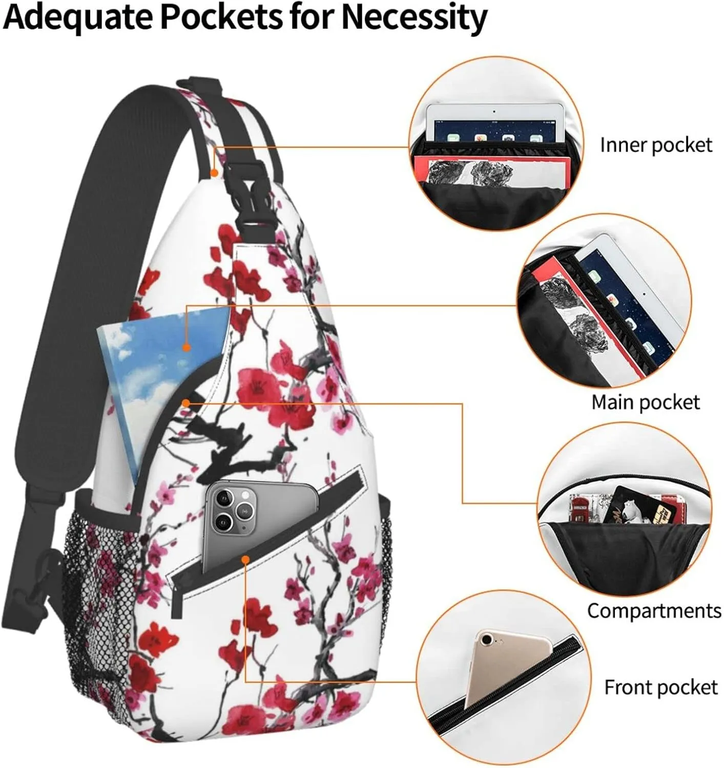 Crossbody Sling Backpack Sling Bag Chest Bag Shoulder Bag Travel Hiking Daypack For Men Women-Cherry Blossoms