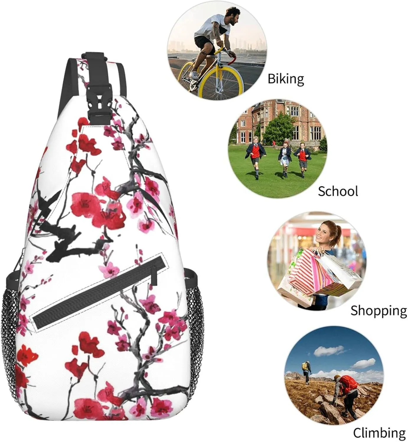 Crossbody Sling Backpack Sling Bag Chest Bag Shoulder Bag Travel Hiking Daypack For Men Women-Cherry Blossoms