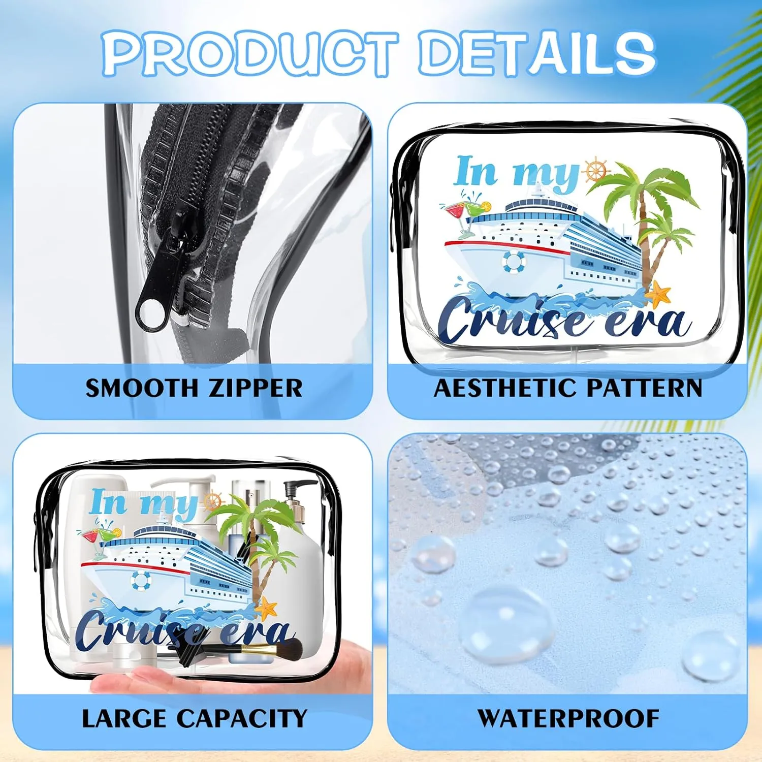 Cruise Clear Makeup Bags - 6Pcs Cruise Ship Essentials 2025, Cruising Must Have Survival Kit, PVC Waterproof Cosmetic Bag Toiletry Purses for Travel Vacation, Cruise Gifts for Women Girls