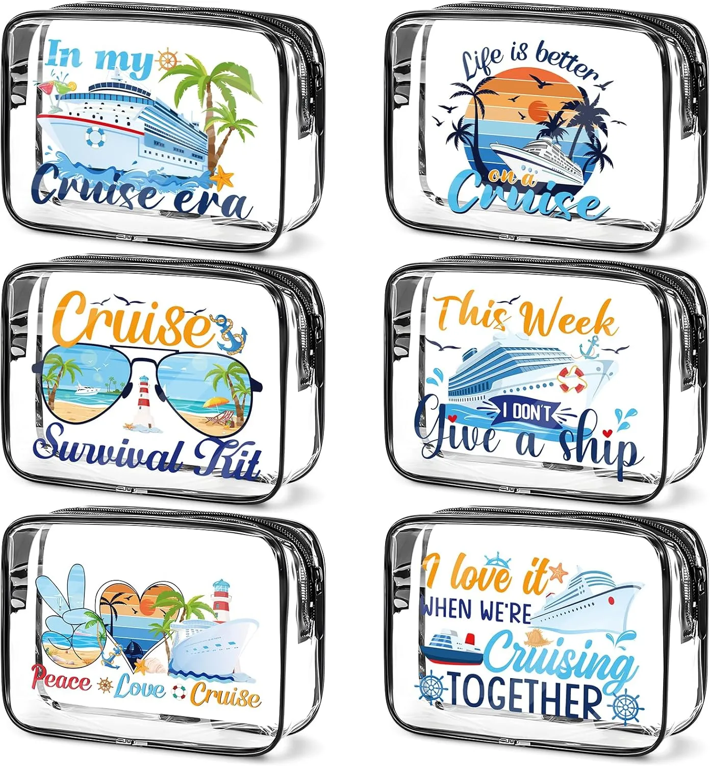 Cruise Clear Makeup Bags - 6Pcs Cruise Ship Essentials 2025, Cruising Must Have Survival Kit, PVC Waterproof Cosmetic Bag Toiletry Purses for Travel Vacation, Cruise Gifts for Women Girls