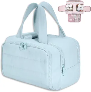 Cureaway Travel Cosmetic Bag, Cureaway Large Capacity Wide-Open Travel Cosmetic Bag, Curetoaway Toiletry Bag for Women with Divider and Handle, Lightweight Waterproof (Blue)
