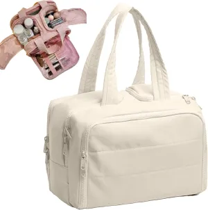 Cureaway Travel Cosmetic Bag, Curetoaway Large Capacity Wide-Open Travel Cosmetic Bag, Open Flat Makeup Bags with Divider and Handle (Beige)