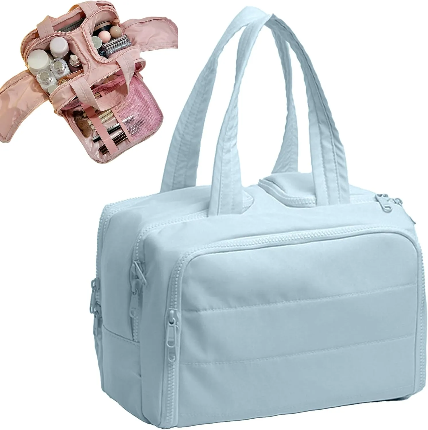 Cureaway Travel Cosmetic Bag, Curetoaway Large Capacity Wide-Open Travel Cosmetic Bag, Open Flat Makeup Bags with Divider and Handle (Blue)