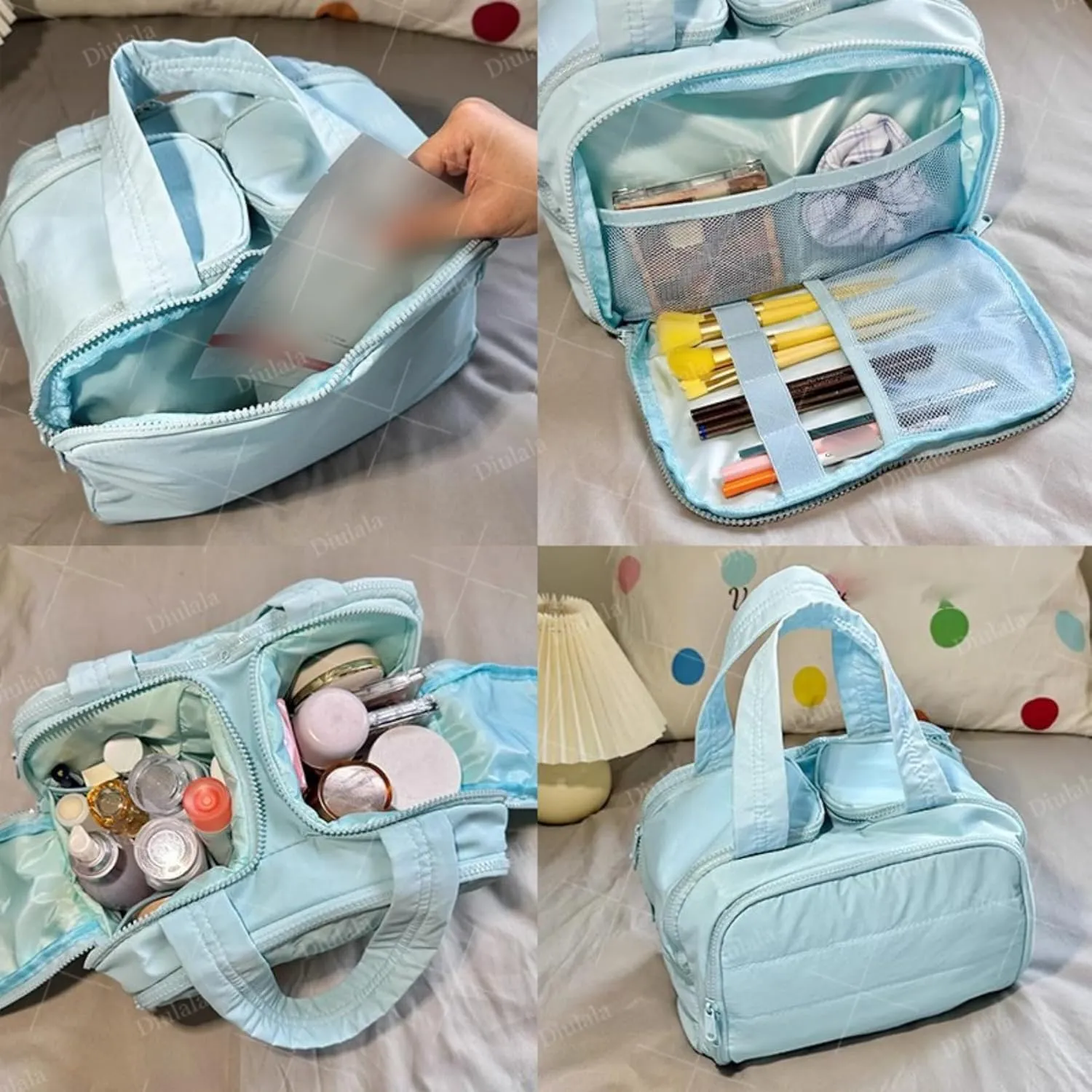 Cureaway Travel Cosmetic Bag, Curetoaway Large Capacity Wide-Open Travel Cosmetic Bag, Open Flat Makeup Bags with Divider and Handle (Blue)