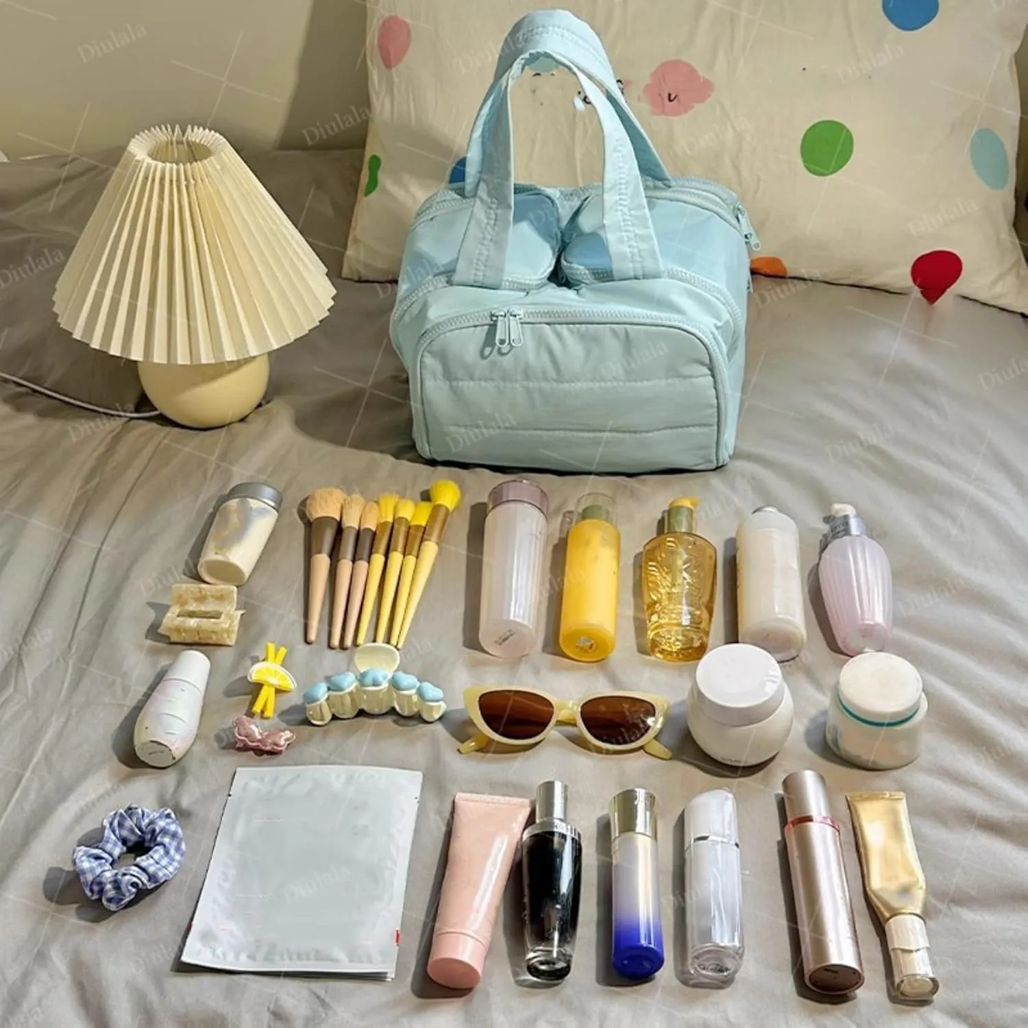 Cureaway Travel Cosmetic Bag, Curetoaway Large Capacity Wide-Open Travel Cosmetic Bag, Open Flat Makeup Bags with Divider and Handle (Blue)