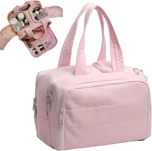 Cureaway Travel Cosmetic Bag, Curetoaway Large Capacity Wide-Open Travel Cosmetic Bag, Open Flat Makeup Bags with Divider and Handle (Pink)