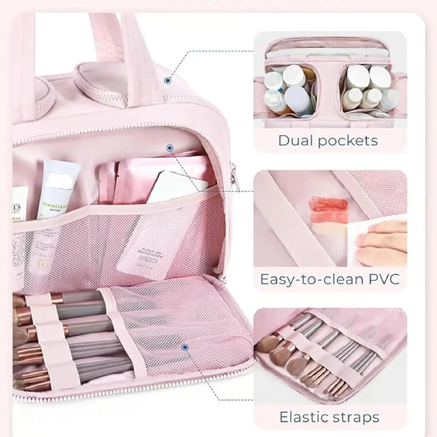 Cureaway Travel Cosmetic Bag, Curetoaway-Z Large Capacity Wide-Open Travel Cosmetic Bag, Curetoaway Toiletry Bag for Women with Divider and Handle, Dry-and-Wet Separation (Grey)