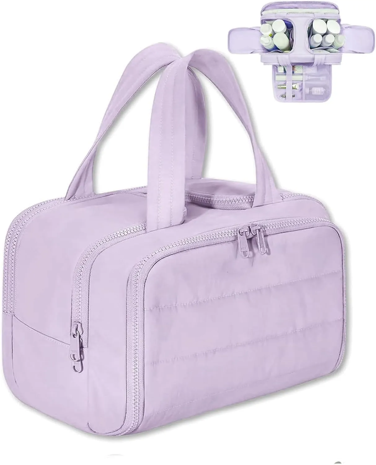 Cureaway Travel Cosmetic Bag for Women,Curetoaway Cuteaway Large Capacity Wide-Open Travel Cosmetic Bag,4-in-1 Puffy Multi-functional Toiletry for Women with Divider and Handle (purple)