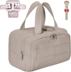 Cureaway Travel Cosmetic Bag, Large Capacity Wide-Open Travel Cosmetic Bag, Waterproof Portable Pouch Open Flat Toiletry Bags for Women with Divider and Handle (Brown)