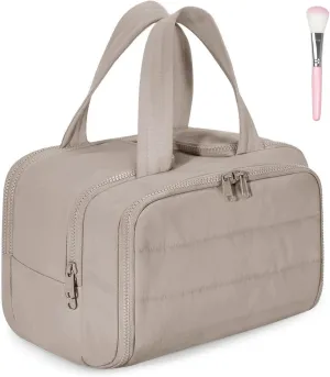 Curetoaway Travel Cosmetic Bag, Cureaway Large Capacity Wide-Open Travel Cosmetic Bag, Lightweight Waterproof Toiletry Bag with Divider and Handle for women, Portable Makeup Bags (Khaki)