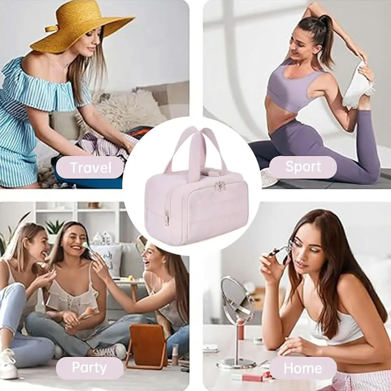 Curetoaway Travel Cosmetic Bag, Cureaway Large Capacity Wide-Open Travel Cosmetic Bag, Lightweight Waterproof Toiletry Bag with Divider and Handle for women, Portable Makeup Bags (Khaki)