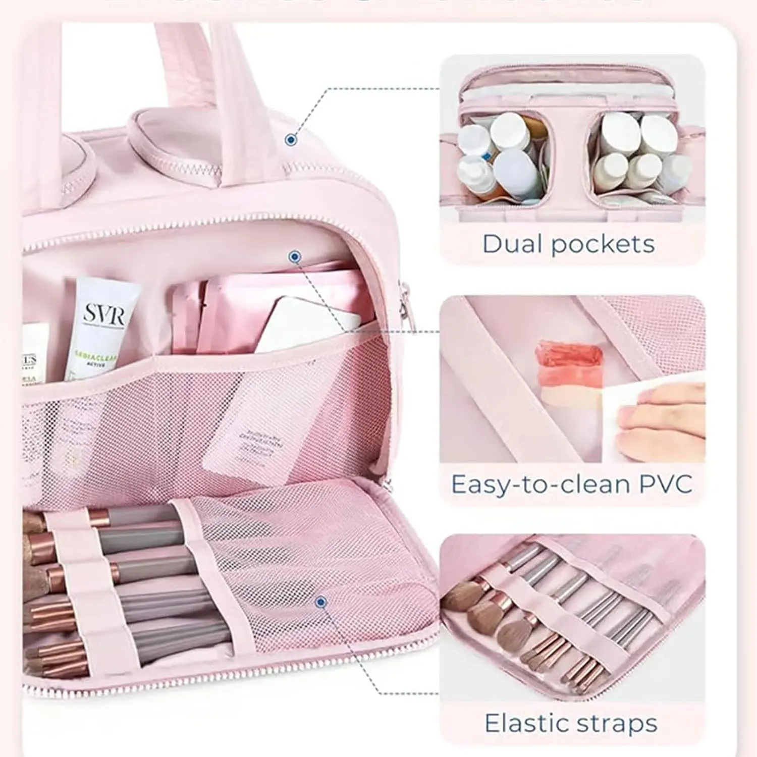 Curetoaway Travel Cosmetic Bag, Cureaway Large Capacity Wide-Open Travel Cosmetic Bag, Lightweight Waterproof Toiletry Bag with Divider and Handle for women, Portable Makeup Bags (Khaki)