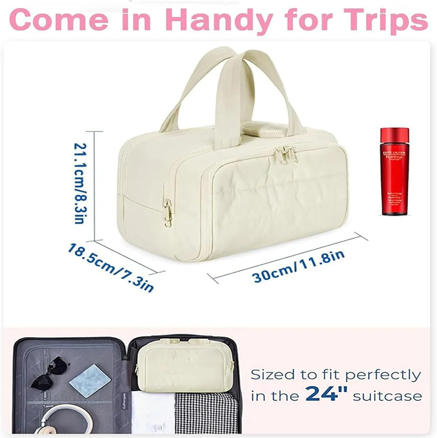 Curetoaway Travel Cosmetic Bag, Cureaway Large Capacity Wide-Open Travel Cosmetic Bag, Lightweight Waterproof Toiletry Bag with Divider and Handle for women, Portable Makeup Bags (Khaki)