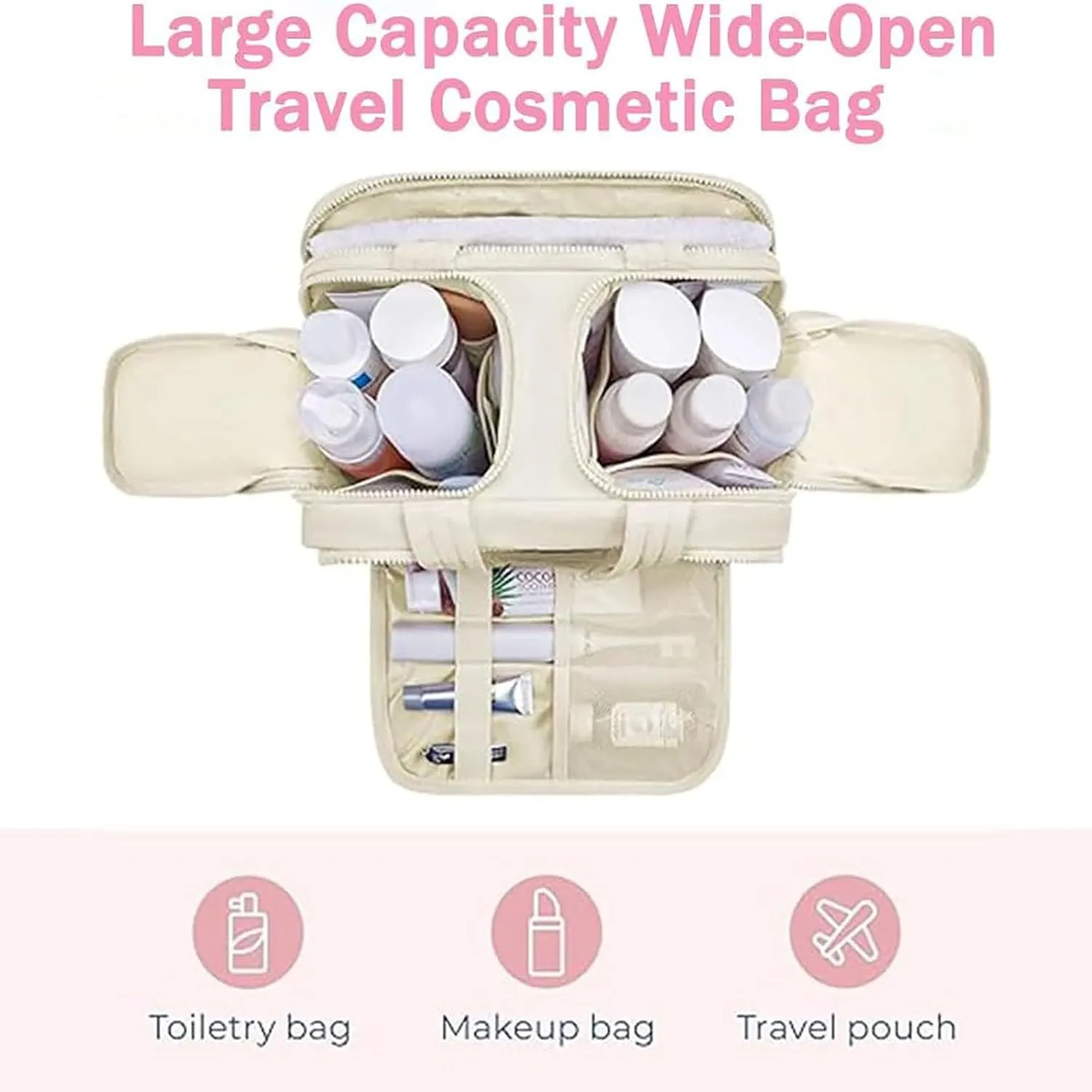 Curetoaway Travel Cosmetic Bag, Cureaway Large Capacity Wide-Open Travel Cosmetic Bag, Lightweight Waterproof Toiletry Bag with Divider and Handle for women, Portable Makeup Bags (Khaki)
