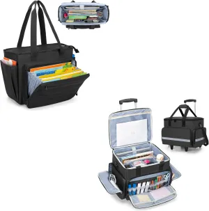 CURMIO Large Teacher Bag for Women, Portable Teacher Tote Bag with Accordion File Organizer Compartment, Rolling Teacher Tote Bag with Wheels